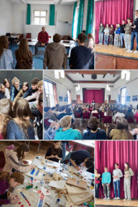 BilderCollage von Schülern und Gruppen am arbeiten und lernen.